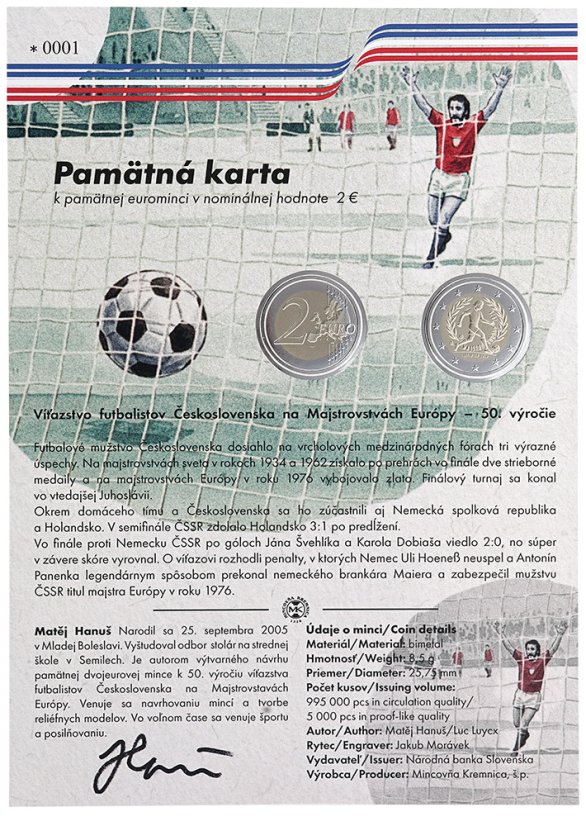 2 EURO -  Víťazstvo futbalistov Československa na Majstrovstvách Európy - 50.výročie + pamätná karta