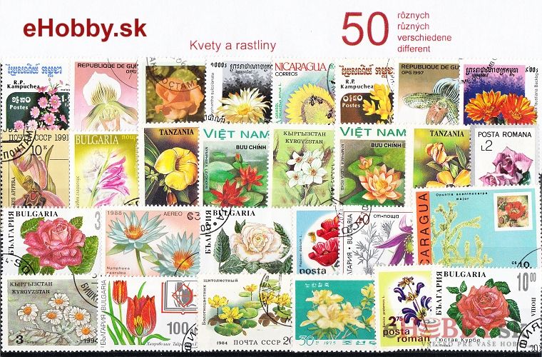 Balíček poštových známok 50ks - KVETY A RASTLINY