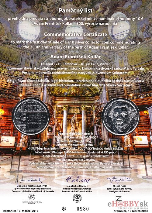 Pamätný list 10€/2018 Adam František Kollár
