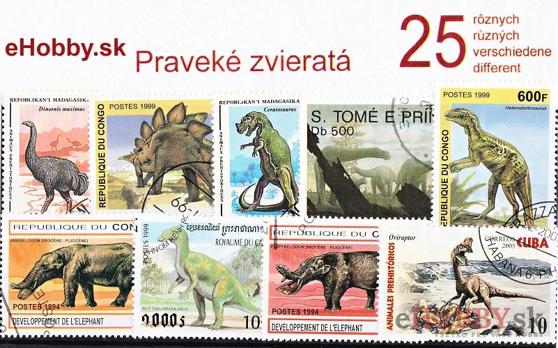 Balíček poštových známok 25ks - PRAVEKÉ ZVIERATÁ