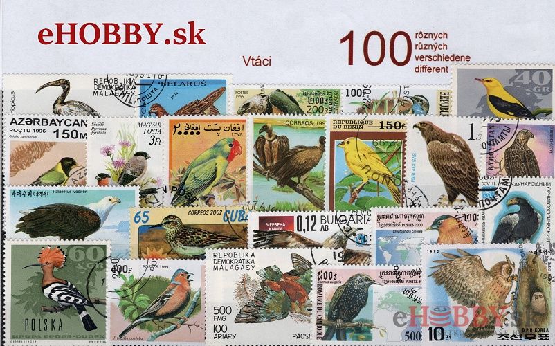 Balíček poštových známok 100ks - VTÁCI