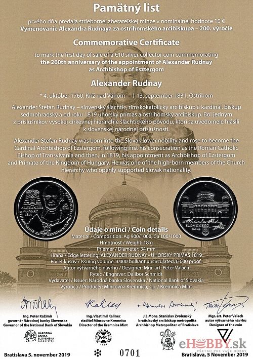 Pamätný list 10€/2019 Alexander Rudnay