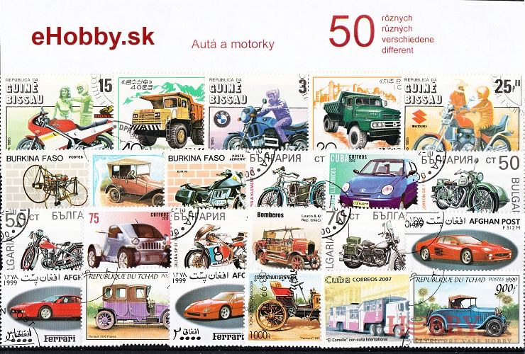 Balíček poštových známok 50ks - AUTÁ A MOTORKY