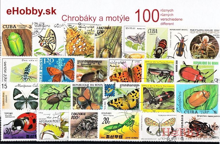 Balíček poštových známok 100ks - CHROBÁKY A MOTÝLE