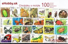 Balíček poštových známok 100ks - CHROBÁKY A MOTÝLE