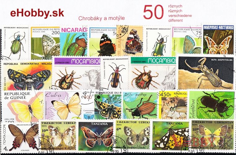Balíček poštových známok 50ks - CHROBÁKY A MOTÝLE